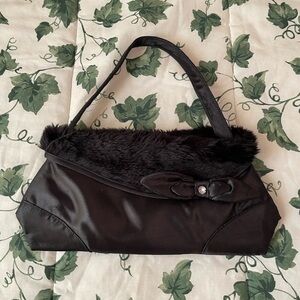 Black Evening Shoulder Bag with Faux Fur Trim